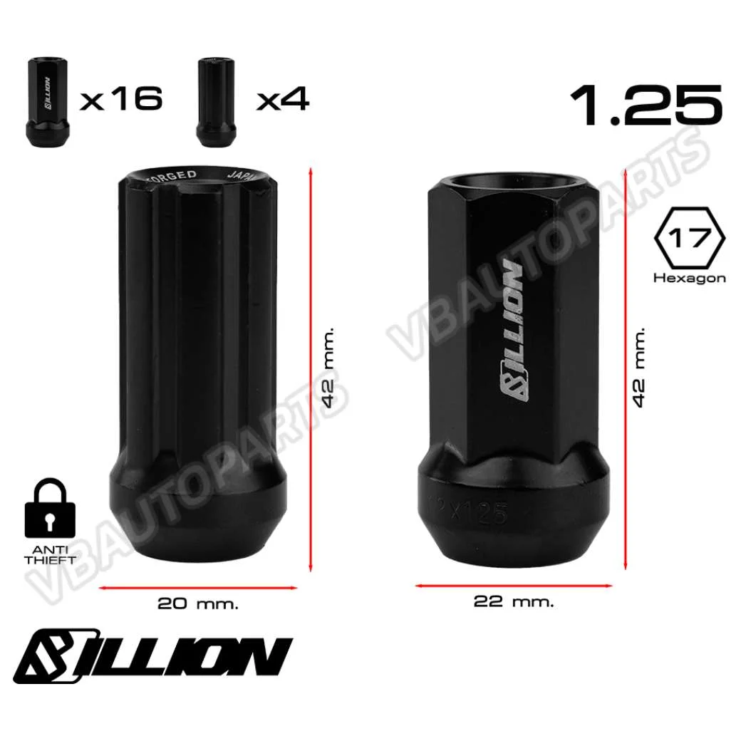 น็อตล้อเหล็ก Billion BL42 กันขโมย 16+4 สี BLACK(1.25-1.5/ 20 ตัว)