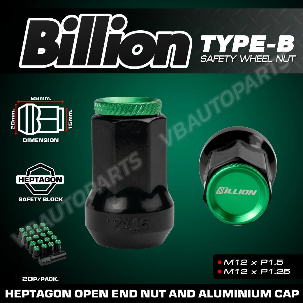 น็อตล้อเหล็ก Billion Type-B (1.25-1.5 Green)